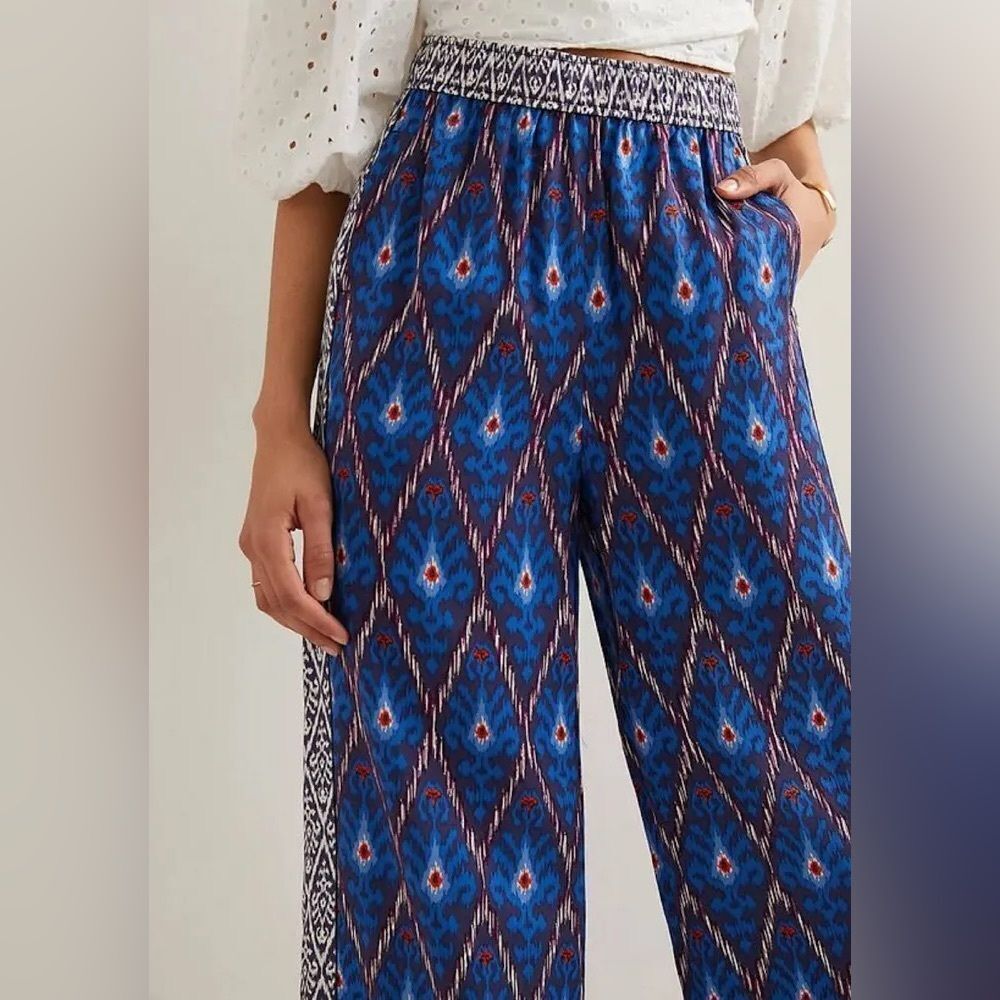 Anthropologie Vale Blue Aztec Printed Wide-Leg Pull-On Pants - Picture 2 of 9